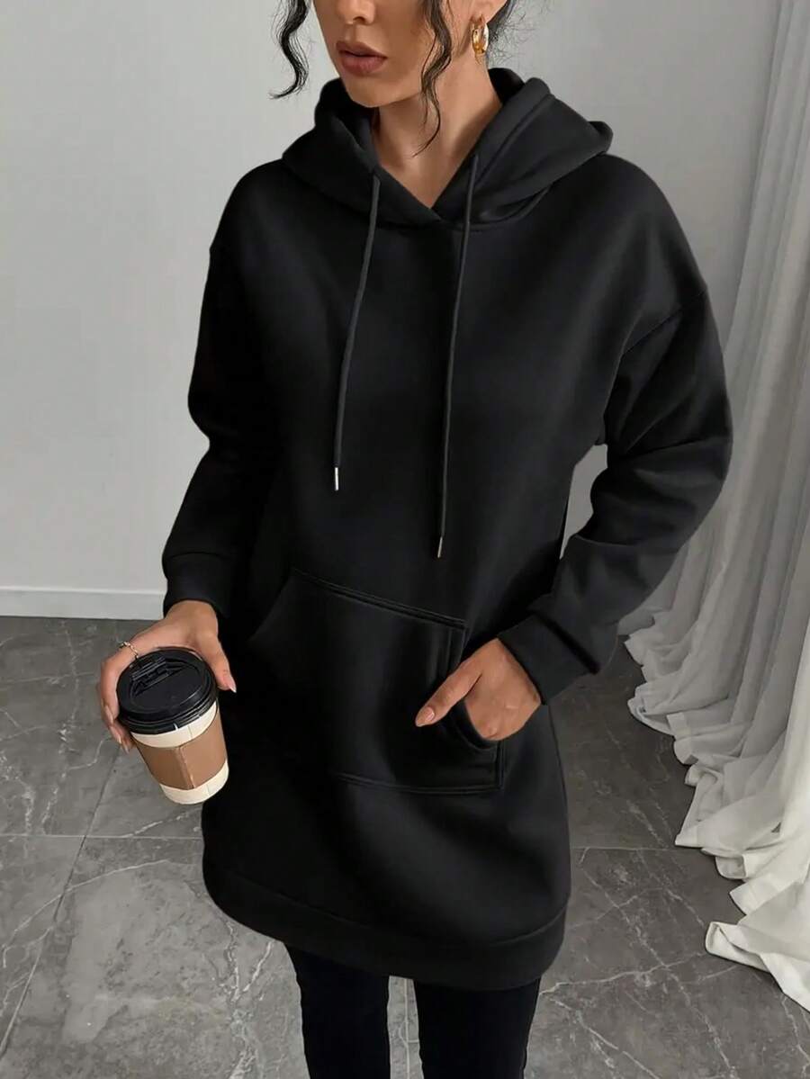 女士休闲连帽连衣裙 - 浅米色，长袖，带前袋和抽绳，涤纶混纺，可机洗 - 百搭四季穿着