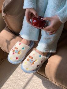 XIXITIAO 1 双可爱波尔卡圆点狗卡通趣味毛绒家居拖鞋，时尚舒适铃铛小狗波尔卡圆点图案平底鞋，男女通用保暖一脚蹬拖鞋 - 藍色 - 查看 12