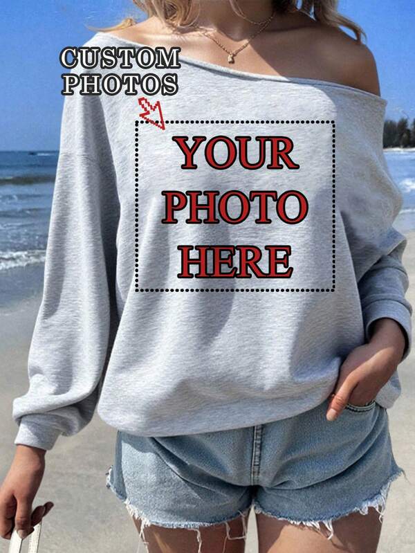 Customized Off-Shoulder Sweatshirts For Women - Customize Sweatshirts, Add Your Photos (Patterns/Selfies/Family/Friends/Pets, Etc.), Customize Off-Shoulder Tops, Customize Your Own Special Sweatshirts, Customize Autumn And Winter Sweatshirts, Design Your Own Personalized Printed Sweatshirts As Gifts For Girlfriends
