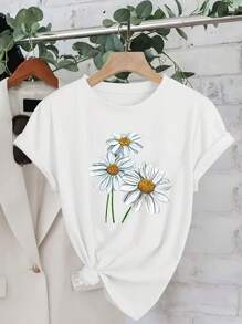Women's Casual Black T-Shirt - Lightweight Daily Summer Top, White Daisy And Green Leaf Floral Print, Round Neck T-Shirt, Suitable For Women, All-Season Daily And Formal Wear, Women's T-Shirt, Versatile Clothing, Lively Design, Comfortable Fit, Spring Fashion, Breathable Material, Short Sleeve Shirt, Women's Fashion