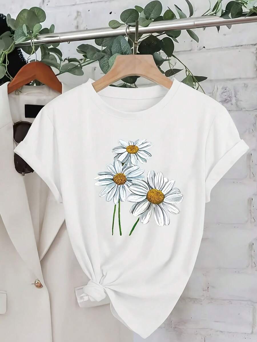 Women's Casual Black T-Shirt - Lightweight Daily Summer Top, White Daisy And Green Leaf Floral Print, Round Neck T-Shirt, Suitable For Women, All-Season Daily And Formal Wear, Women's T-Shirt, Versatile Clothing, Lively Design, Comfortable Fit, Spring Fashion, Breathable Material, Short Sleeve Shirt, Women's Fashion