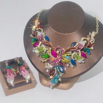 1 套女士首饰套装，项链和耳环 3 件，水钻奢华时尚，适合婚礼、宴会、晚会