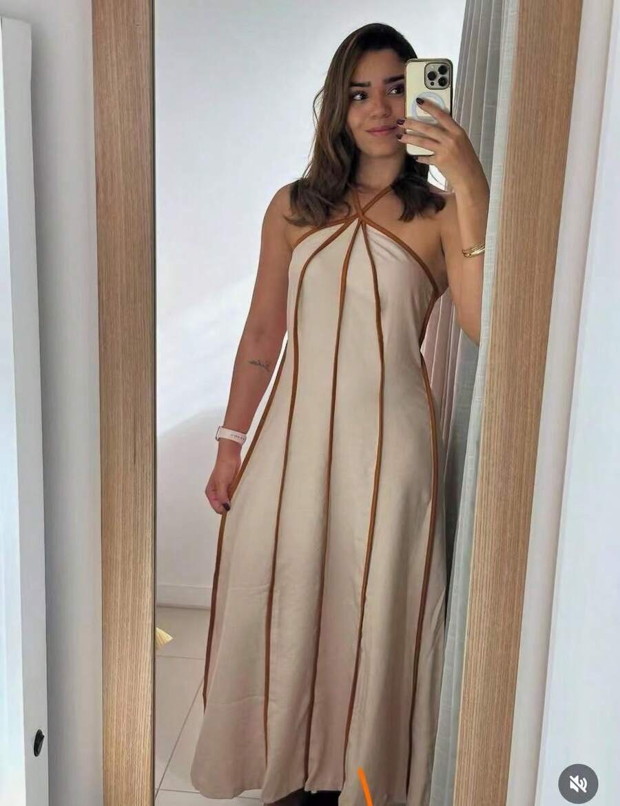 Women's Premium Halter Neck Long Striped Dress With Tie H-13 - Màu be - Xem 1