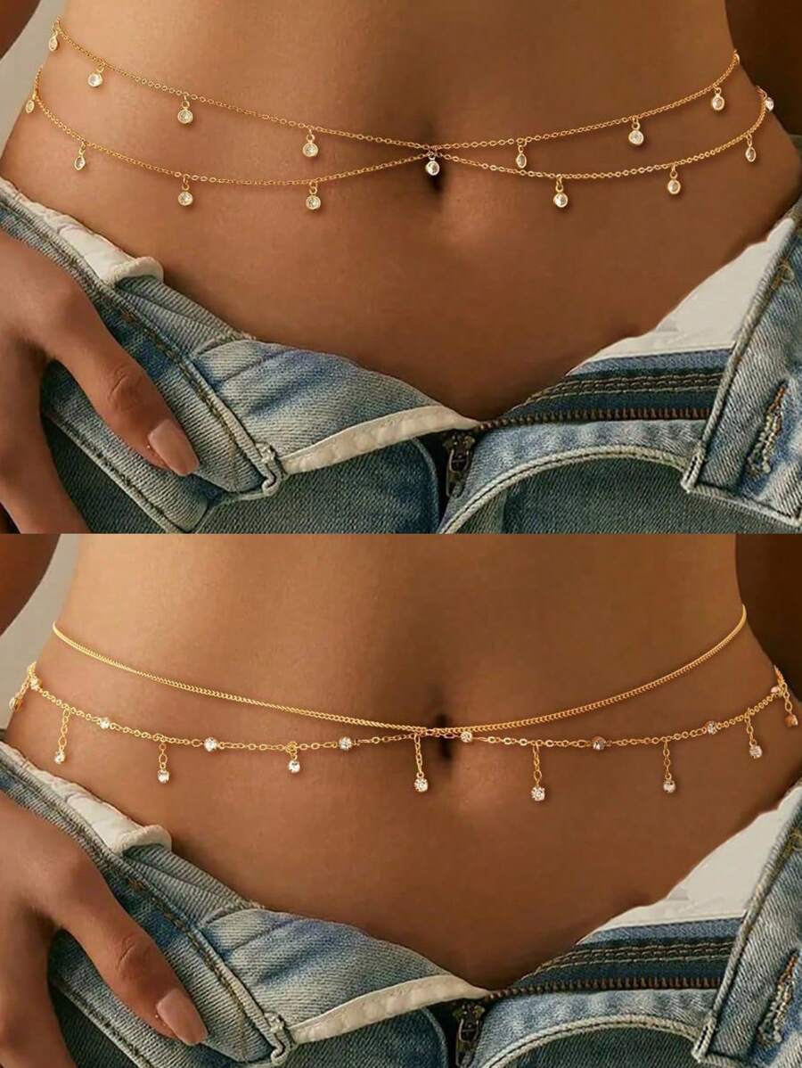 1pc Multi-Layered Beaded Sexy Waist Chain Beaded Belly Chain Crystal Belly Chain Rhinestone Adjustable Bikini Waist Body Chain Belt Belly Jewelry Summer Beach Resort Party Accessories For Women And Girls