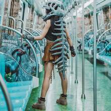 恐龙骨架面具 - 毛茸茸的霸王龙头骨连帽面具，带柔软毛绒下颚，适合儿童和成人，趣味恐怖万圣节角色扮演，恐龙派对礼物，带有咆哮音效（均码） - 彩色 - 查看 5