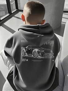 男童休闲杏色印花保暖连帽卫衣，秋季款