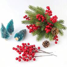 30pcs Artificial Pine Branches, Christmas Holly Berries, Artificial Red Berry Stems For Christmas Wreath Decorations Xmas Tree Decoration