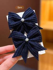 2pcs Faux Pearl Bow Hair Clips, Sweet Style Suitable For Daily Use - Navy Blue - View 3