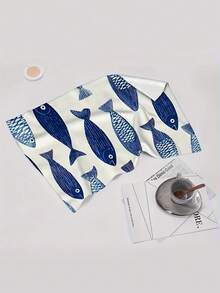 1/2/4条装厨房毛巾，高吸水性，涤纶材质，蓝白鱼图案，是假日农舍厨房和浴室装饰、秋季装饰、房间装饰的理想之选。 - 藍色 - 查看 8