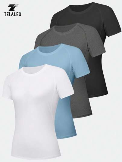 TELALEO 4 Packs Women's Compression Shirt Running Athletic T-Shirts Workout Tops Baselayer Short Sleeve Yoga Gym Sports Gear