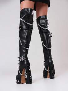 Women's Thick Sole Chunky Heel Lace-Up Rivet Decor Over-The-Knee Boots, Suitable For Daily Shopping And Winter Gatherings
