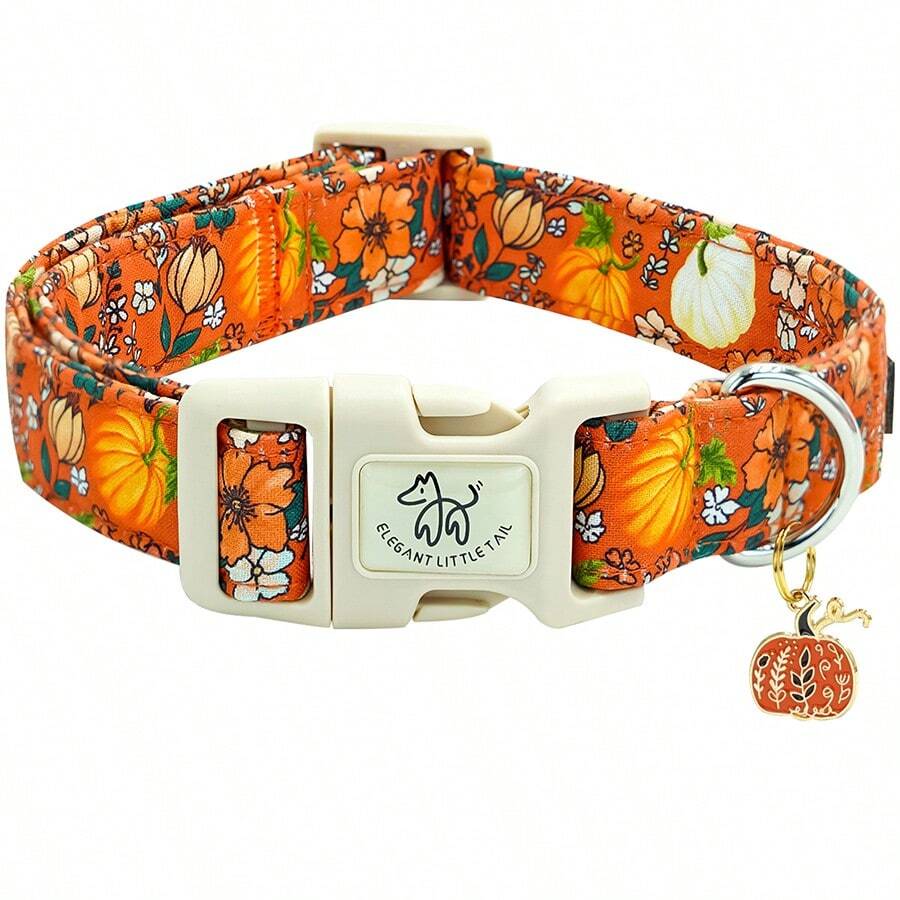 Elegant Little Tail Halloween Dog Collar, Pumpkin & Flower Print, Autumn Pet Collar, Soft Puppy Collar, Adjustable Holiday Collar - Orange - View 1