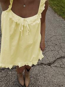 Vestido de verano para mujer sin mangas, con cuello cuadrado, lazo delantero, sólido, suelto, corto, estilo línea A, mini vestido de muñeca - Amarillo - Ver 4
