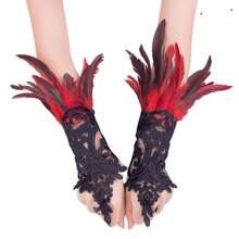 A Pair Of Gothic Lace Faux Feather Gloves For Halloween Ladies, Lace Cuffs, Wristbands, Cosplay, Wedding Party, Halloween Costume Decoration Accessories