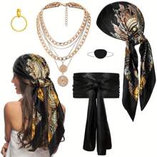 5pcs/Set Pirate Costume Accessories Set, Includes Women Pirate Hat, Pirate Scarf, Pirate Belt, Jumpsuit Decor, And Multi-Color Halloween - Black - View 13