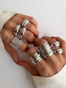 8pcs/5pcs/3pcs Set Exaggerated Chunky Asymmetrical Hollow Smooth Wide Band Rings, European American Women Rings Gift Set For Birthday, Vacation, Party, Daily Match - Yellow Gold - View 4