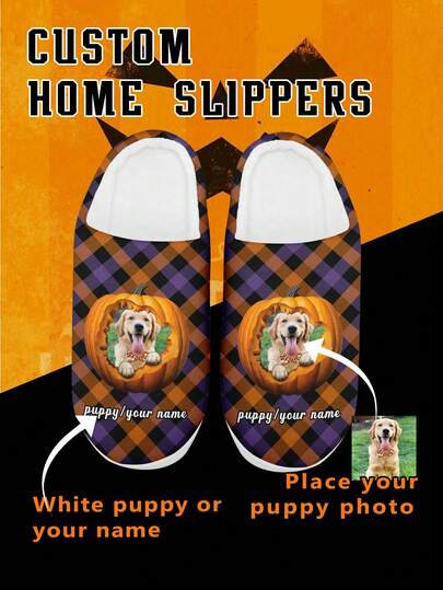 Pantuflas personalizadas con foto y nombre para hombres en Halloween. Pantuflas interiores personalizadas con calabaza. Zapatos cálidos y acogedores de felpa para uso en el hogar, regalo de Halloween divertido para mamá/papá/ella/él/novia/novio/esposa/esposo/amigo, calzado de decoración de Halloween único
