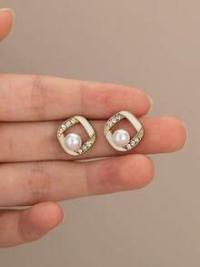 5pcs/Set Minimalist Versatile High-End Circle Faux Pearl Geometric Triangle Stud Earrings, Lightweight Luxury Fashion Design Earring Set Suitable For Women's Daily & Festival Wear (No Box) - Set D - View 2