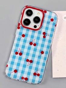 1pc Minimalist Plaid Cherry Compatible With IPhone 16 Phone Case, IPhone 15 Pro Max New Model 13 Protective Cover 14/12 Full Coverage 16 Niche With Cherry Pendant Phone Case