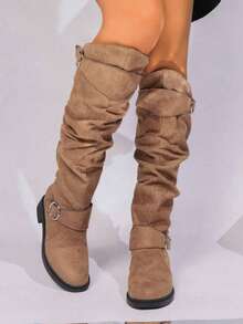 Mid Autumn/Winter Suede Pile Boots Women's Western Cowboy Boots Women's Retro Boots New Knight Boots Retro Flat Western Belt Buckle Boots - 棕色 - 查看 1