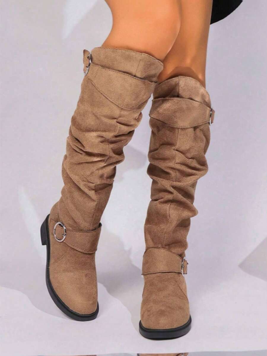 Mid Autumn/Winter Suede Pile Boots Women's Western Cowboy Boots Women's Retro Boots New Knight Boots Retro Flat Western Belt Buckle Boots - 棕色 - 查看 1