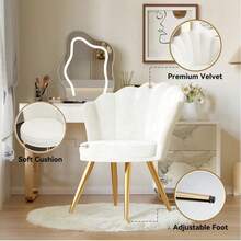 Ensemble de 1 fauteuil en velours coque en velours doux en velours avec pieds en métal doré pour salon, chambre, coiffeuse - Blanc - Voir 2