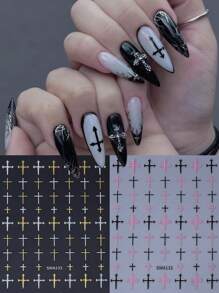 2pcs Gothic Style Nail Stickers, Minimalist Cross Design, Y2K Metallic Black White Pink Gold Color, 3D Self-Adhesive Nail Stickers, DIY Elegant Nail Decor, Women & Girls Nail Art Supplies - Multicolor - View 1