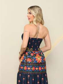 steve store moda feminina  vestido longo  elastex com forrado Estampa total  Floral    Nó  Franzido    Praia  Férias - azul marinho - Visão 5