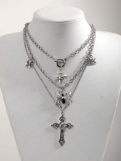 3pcs Vintage Gothic Style Rhinestone Spider Cross Necklace Set, Women Thick Chain Pentagram Punk Rock Necklace Set