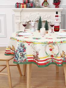 1Pc Christmas Theme Polyester Tablecloth,Round Diameter 150cm,Christmas Decor Tablecloth,Christmas Tree Snowman Reindeer Pattern Holiday Table Cover,Merry Christmas,Christmas Decoration For Home,Christmas Holiday Table Center Decor,Christmas Party Supplies,Christmas Gift,Holiday Party Favor,Xmas Decor