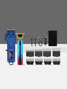 HIENA 2 件/套男士理发套装，配备 T9 刀片、LED 数字显示理发器和集成修剪工具套件，适合家庭使用（另有单个理发器选项） - 藍色 - 查看 1