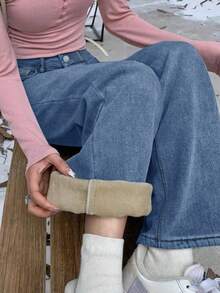 街头风直筒斜插口袋加厚牛仔保暖低腰牛仔裤，秋冬保暖裤，Y2K音乐节必备 - 深藍色 - 查看 5