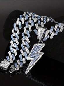 1pc Men's Icy Lightning Bolt Pendant Necklace - Shiny Cuban Chain, Hip Hop Rapper - Lightning - View 3