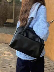 Korean Style New Pillow Handbag, Retro Shoulder Bag, Large Capacity Tote Bag For Work Commute, No Pendant Included, Pendant Is For Styling Only - Black - View 7