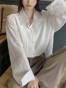 宽松褶皱领时尚百搭通勤女式雪纺衬衫 - 白色 - 查看 7