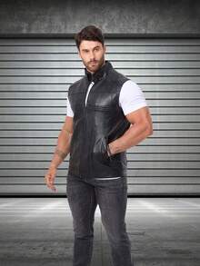 Chaleco de cuero de motocicleta para hombre, estilo deportivo sin mangas, color negro, para primavera/verano, con forro polar - Negro - Ver 5