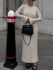 2025 秋冬新品女士优雅长袖圆领罗纹灰杏色纯色毛衣裙长款中长弹力日常穿着简约百搭风格 - 卡其色 - 查看 6