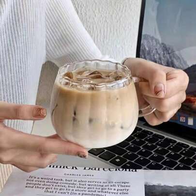1pc Unique Clear Glass Pumpkin Mug, Durable Ribbed Coffee Mug, Heat Resistant Glass Milk And Juice Cup, Perfect For Iced And Hot Drinks, Comfortable Thick Handle For Easy Grip, Stylish And Modern Design For Home, Office And Cafes, Ideal For Coffee, Tea