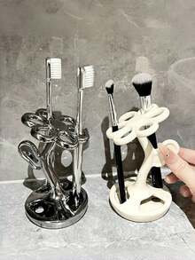 Juego de organizador de baño de cerámica - Soporte decorativo para cepillos de dientes y maquillaje con 6 ranuras para lápices de cejas, lápices labiales y cosméticos - Estante de almacenamiento compacto para el tocador, artículos esenciales para dormitorio y útiles escolares