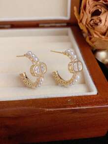 2pcs Luxury CD Pearl Hoop Earrings For Women, Minimalist Design, Versatile - CD Pearl Earrings - View 5