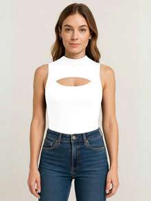 Women's Bodysuit With High Neck And Cutouts, Ideal For Summer Use - 白色 - 查看 2