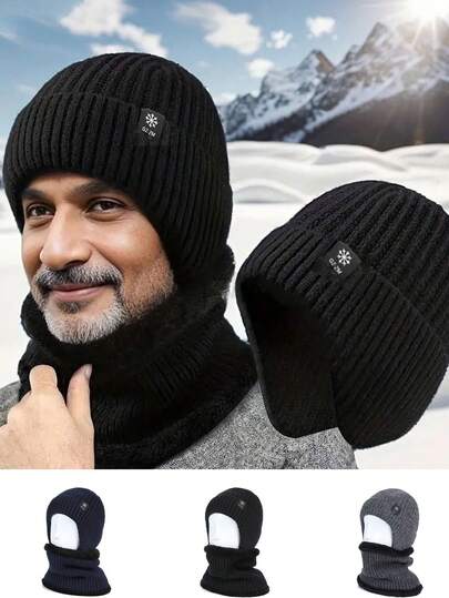 1 Pc Earmuff Hat, Men's Winter Thermal Knitted Hat With Ear Warmer, Earmuff Hat Scarf Combination, Elastic Stretchable Warm Hat, Suitable For Outdoor Use, Hand Washable, Polyester Fiber Material, Ideal Choice For Christmas, New Year And Father's Day Gifts.