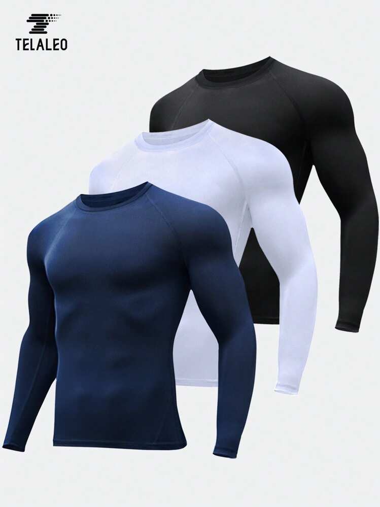 TELALEO 3 piezas Camisetas deportivas de manga larga con compresión estilo novio para hombres, capa base deportiva con protección UPF SPF contra el sol - Multicolor - Añade 1