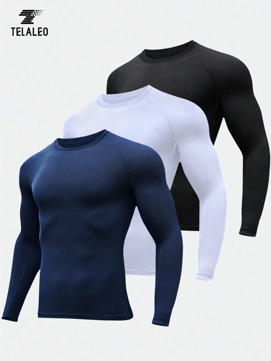 TELALEO 3pcs Men's Boyfriend Style Compression Long Sleeve Sportswear, UPF SPF Sun Protection Athletic Base Layer Shirts - Multicolor - View 1