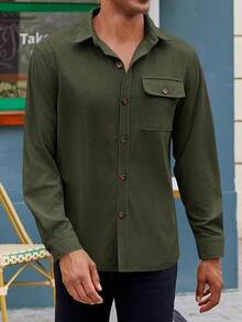 Mens Corduroy Button Down Jacket Casual Long Sleeve Shirts Ribbed Lightweight Shacket Jacket With Flap Pockethalloween - 軍綠色 - 查看 3