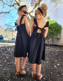 Girls' Summer Dress - Square Neck & Ruffle Sleeve A-Line Swing Dress| Tie-Back Midi Casual Dress With Pockets| Lightweight & Breezy Outfit - 黑色 - 查看 7