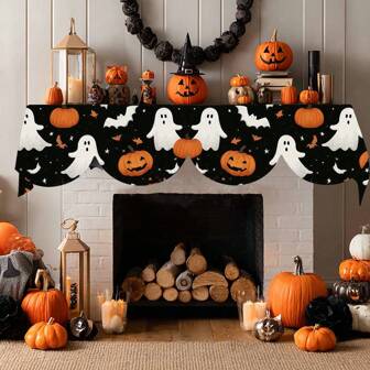 1 pièce/72 pièces Écharpe de cheminée d'Halloween noire et orange avec imprimé de citrouille, de lanterne, de chauve-souris et de fantôme, en tissu de polyester, convient pour les décorations d'Halloween, les fournitures de fête, le chemin de table, le drapeau ou la couverture de foyer, parfait pour la décoration du salon, de la cheminée, de la porte et de la fenêtre de la maison
