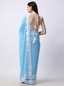Women's Georgette Embroidery Border Work Designer Saree With Blouse Piece(Bably Blue) - Celeste - Ver 3