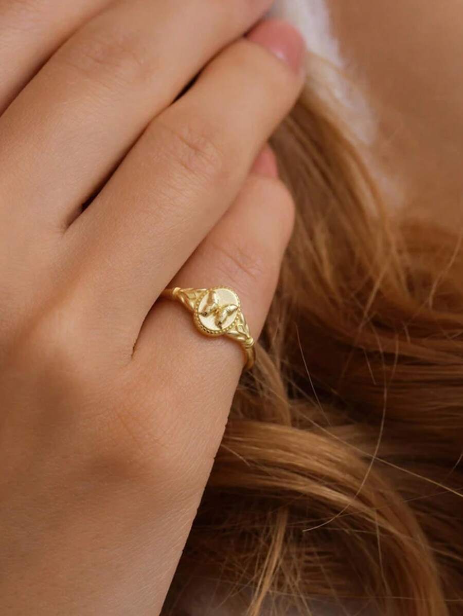 1pc Vintage Copper Gold Plated Butterfly Minimalist Unique Ring, Suitable For Women Daily Wear - Butterfly Seal - View 1