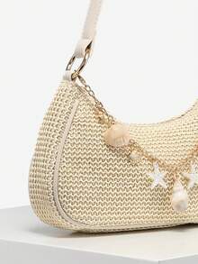 1 件女士复古度假海洋生物仿珍珠樱桃仿毛皮尾巴编织装饰单肩腋下法棍包，适合约会、郊游、度假